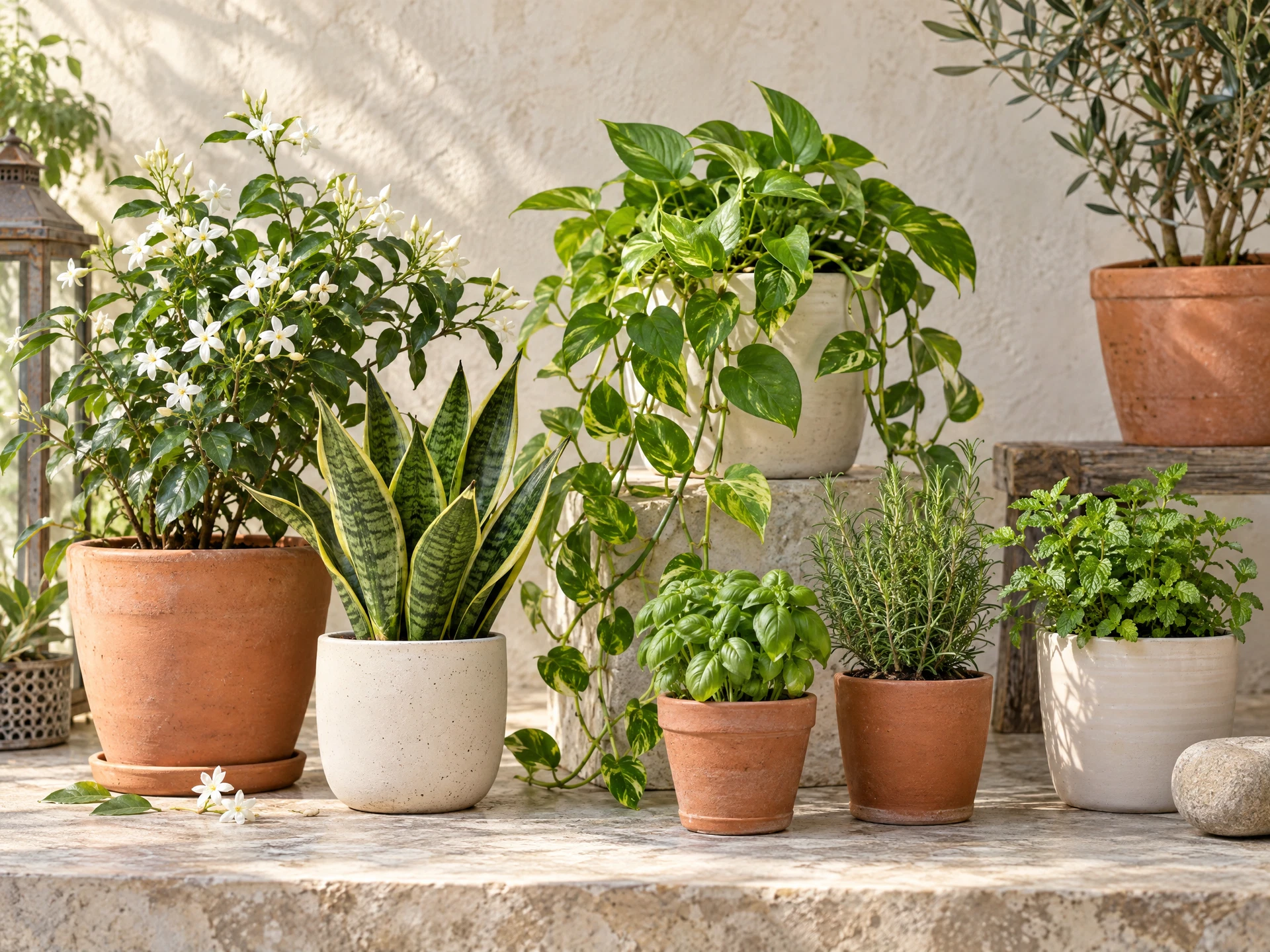 A considered collection of leafy and flowering plants in warm pots